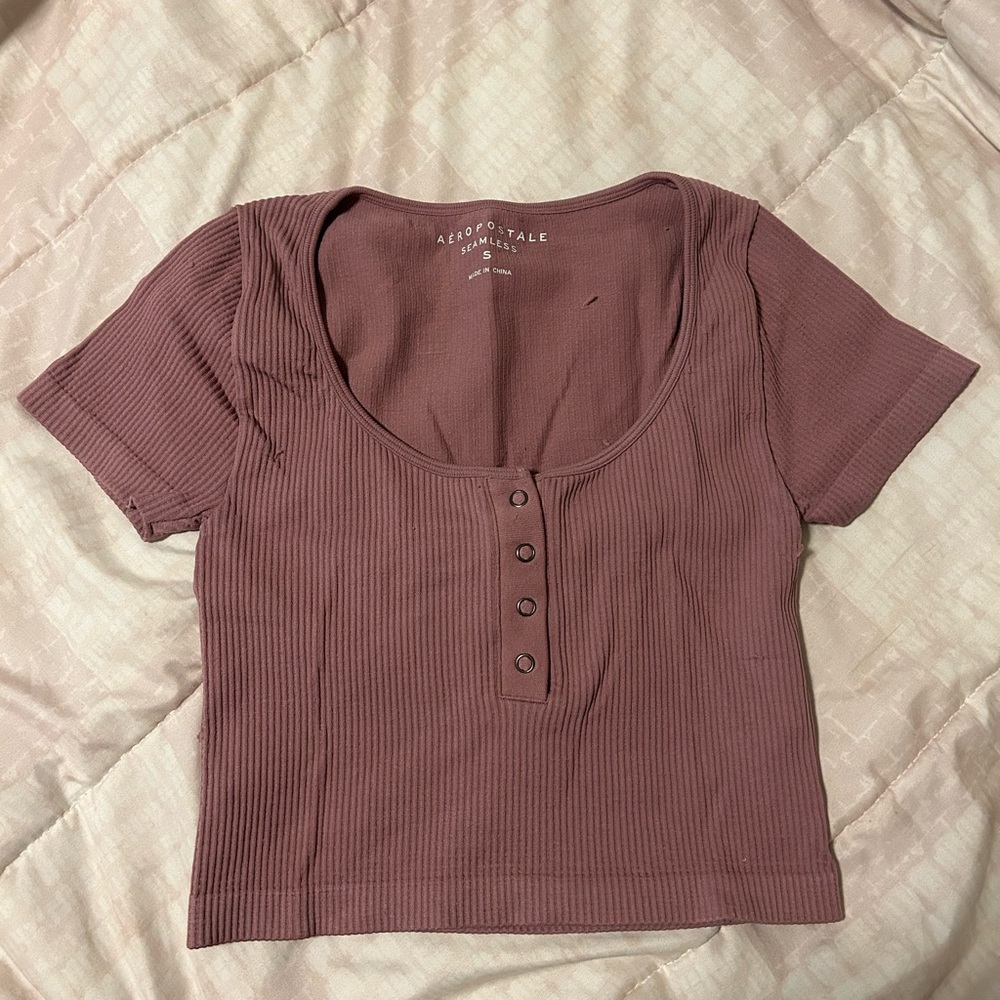 Aeropostale Women's Mauve Ribbed Button-Down Top